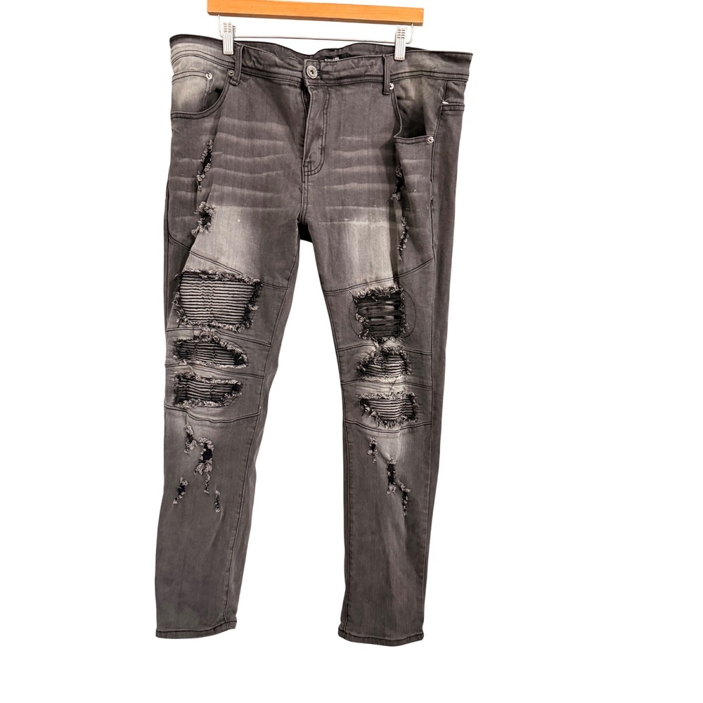 KNRD Kindred Moto Biker Jeans Mens 40x32 Grey Distressed Ribbed Slim Denim